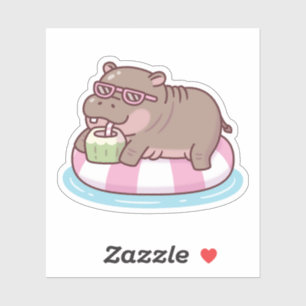 Cute Hippo Chilling On Pool Float Drinking Coconut