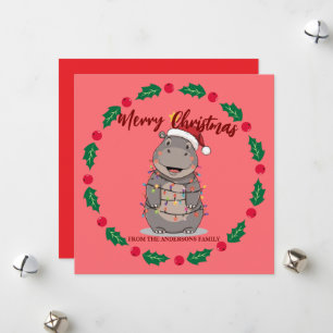 Cute Hippo christmas tree zoo animal Xmas Wealth f Holiday Card