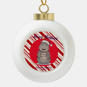 Cute Hippo Christmas tree zoo safari Xmas plaid pa Ceramic Ball Christmas Ornament