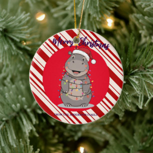 Cute Hippo Christmas tree zoo safari Xmas plaid pa Ceramic Tree Decoration