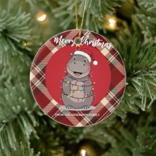 Cute Hippo Christmas tree zoo safari Xmas plaid pa Ceramic Tree Decoration