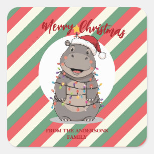Cute Hippo Christmas tree zoo safari Xmas plaid pa Square Sticker