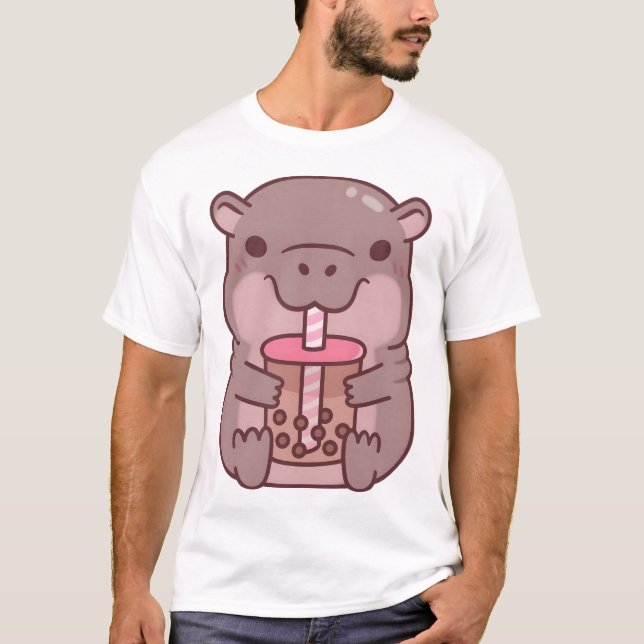 Cute Hippo Drinking Bubble Tea T-Shirt (Front)