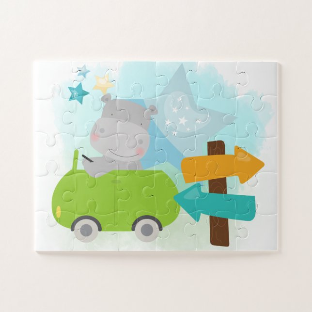 Cute Hippo Driving Green Car Childrens Jigsaw Puzzle (Horizontal)