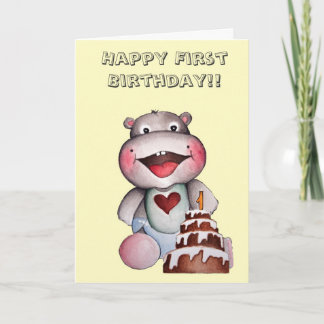 Cute Hippo First Birthday Card