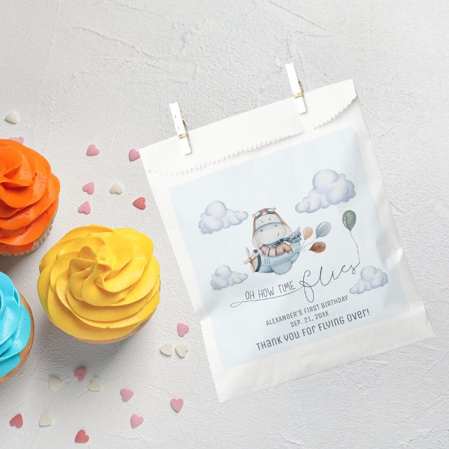 Cute Hippo Flies Aeroplane & Clouds, First Birthda Favour Bags (Creator Uploaded)