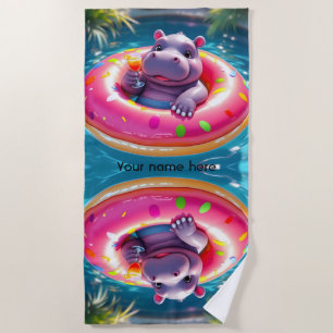 Cute Hippo Floating in Doughnut Pool Float, custom Beach Towel