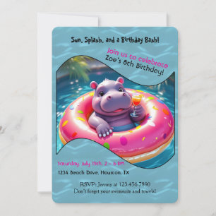 Cute Hippo Floating in Doughnut Pool Float, custom Invitation