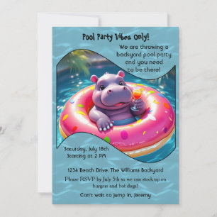 Cute Hippo Floating in Doughnut Pool Float, custom Invitation