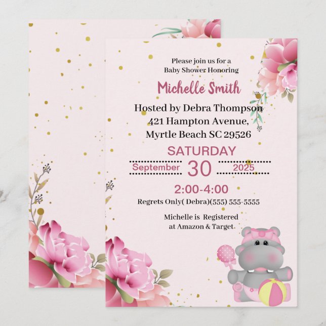 Cute Hippo Floral Baby Shower Invitations (Front/Back)