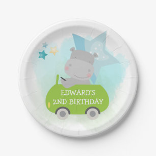 Cute Hippo Green Car Name Boy Birthday White Paper Plate