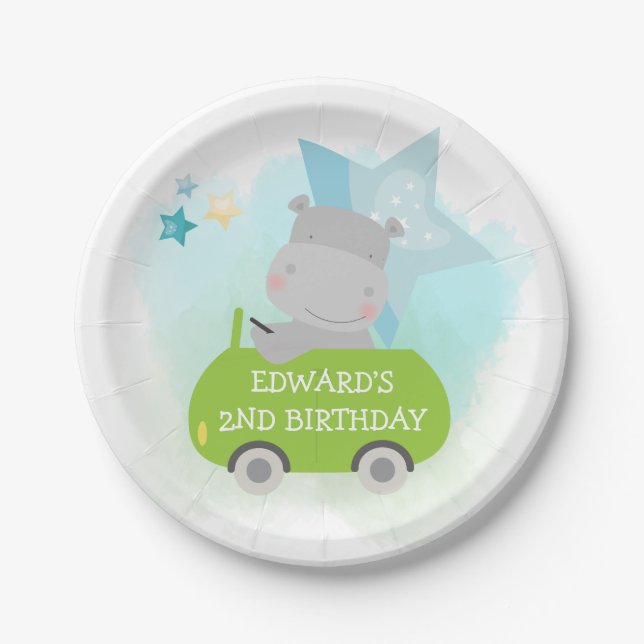 Cute Hippo Green Car Name Boy Birthday White Paper Plate (Front)