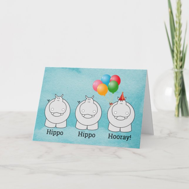 Cute Hippo Hippo Hooray Balloons Birthday Card (Front)