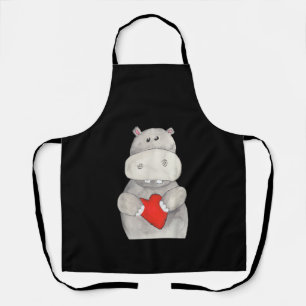 Cute Hippo Hippopotamus Holding Heart   Love Hippo Apron
