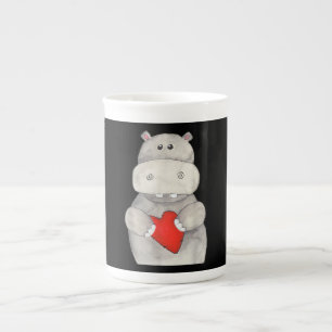 Cute Hippo Hippopotamus Holding Heart   Love Hippo Bone China Mug