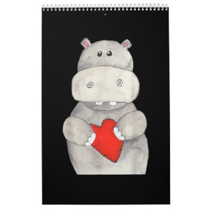 Cute Hippo Hippopotamus Holding Heart   Love Hippo Calendar