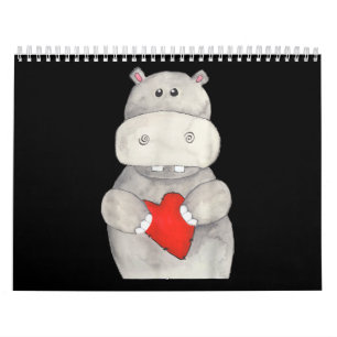 Cute Hippo Hippopotamus Holding Heart   Love Hippo Calendar