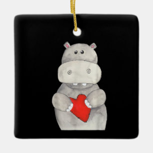 Cute Hippo Hippopotamus Holding Heart   Love Hippo Ceramic Ornament