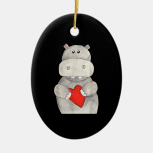 Cute Hippo Hippopotamus Holding Heart   Love Hippo Ceramic Tree Decoration