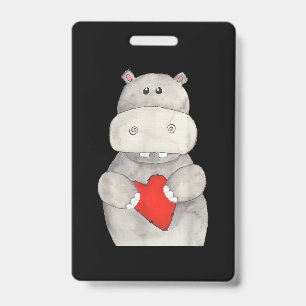 Cute Hippo Hippopotamus Holding Heart Love Hippo ID Badge