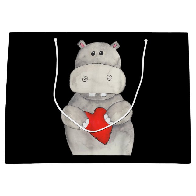 Cute Hippo Hippopotamus Holding Heart | Love Hippo Large Gift Bag (Front)
