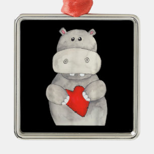 Cute Hippo Hippopotamus Holding Heart   Love Hippo Metal Tree Decoration