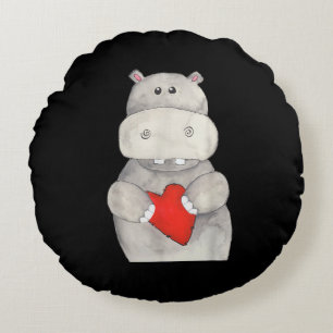 Cute Hippo Hippopotamus Holding Heart Love Hippo Round Cushion