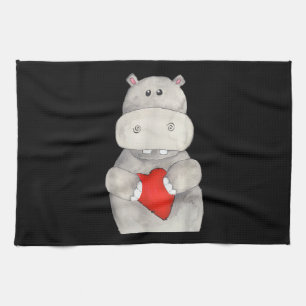 Cute Hippo Hippopotamus Holding Heart   Love Hippo Tea Towel