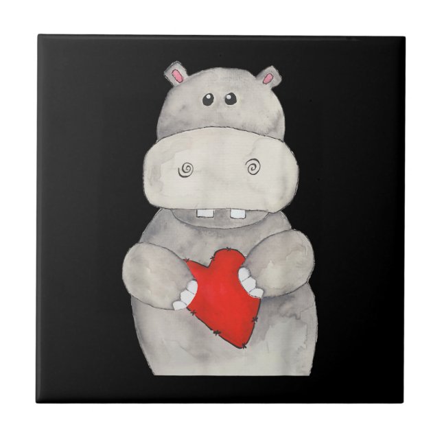 Cute Hippo Hippopotamus Holding Heart | Love Hippo Tile (Front)