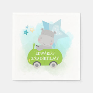Cute Hippo in Green Car Toddler Birthday Party Napkin