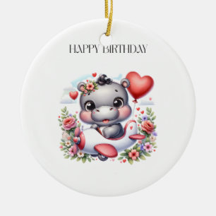 Cute Hippo in Heart Plane Ceramic Tree Decoration