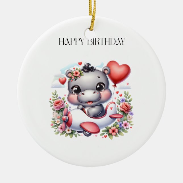 Cute Hippo in Heart Plane Ceramic Tree Decoration (Front)
