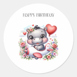 Cute Hippo in Heart Plane Classic Round Sticker