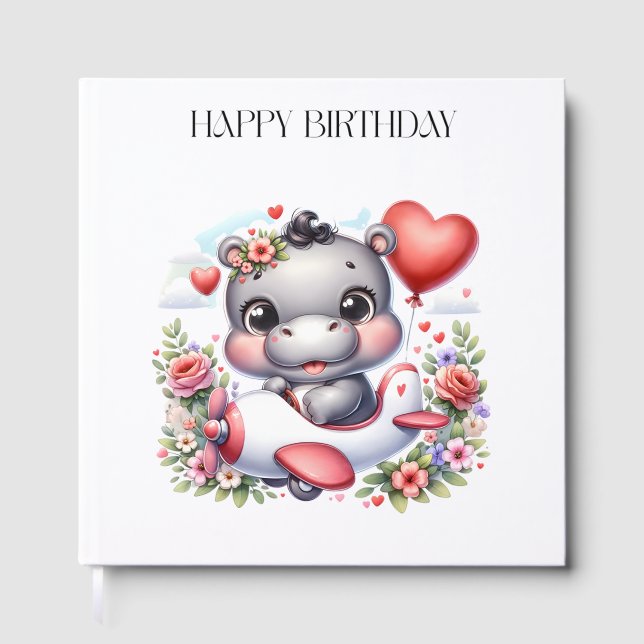 Cute Hippo in Heart Plane Guest Book (Front)