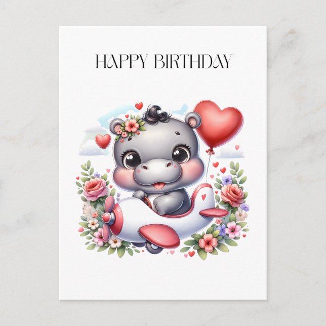 Cute Hippo in Heart Plane Invitation Postcard (Front)