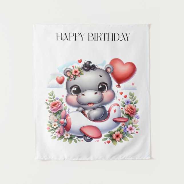 Cute Hippo in Heart Plane Tapestry (Front)