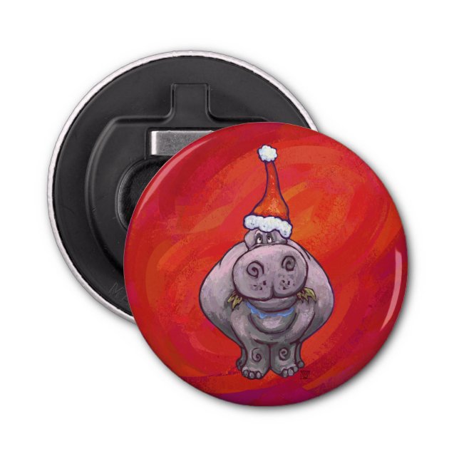 Cute Hippo in Santa Hat on Red Bottle Opener (Front)