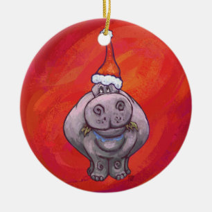 Cute Hippo in Santa Hat on Red Ceramic Tree Decoration