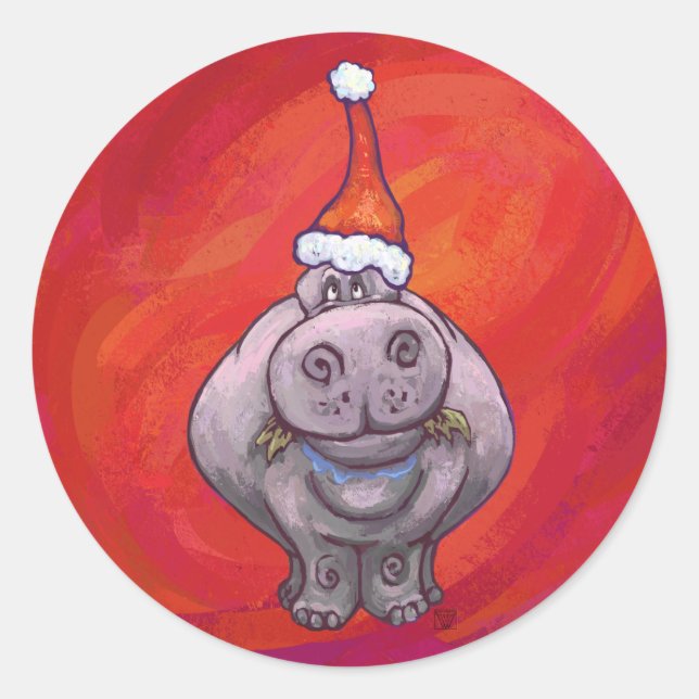 Cute Hippo in Santa Hat on Red Classic Round Sticker (Front)