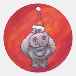 Cute Hippo in Santa Hat on Red Classic Round Sticker