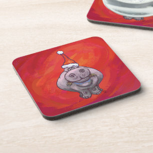 Cute Hippo in Santa Hat on Red Coaster