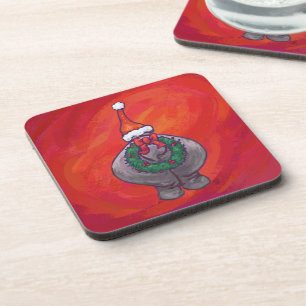 Cute Hippo in Santa Hat on Red Coaster
