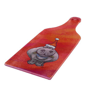 Cute Hippo in Santa Hat on Red Cutting Board