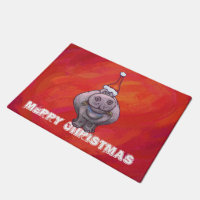 Cute Hippo in Santa Hat on Red