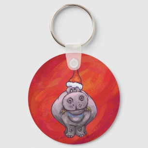 Cute Hippo in Santa Hat on Red Key Ring