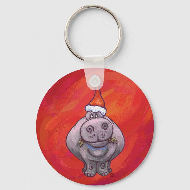 Cute Hippo in Santa Hat on Red Key Ring (Front)