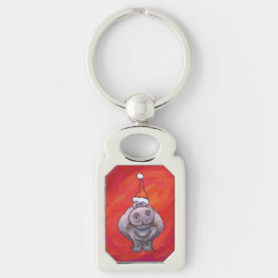 Cute Hippo in Santa Hat on Red Key Ring