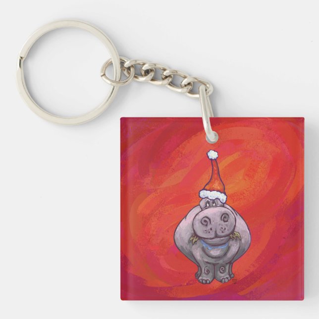 Cute Hippo in Santa Hat on Red Key Ring (Front)