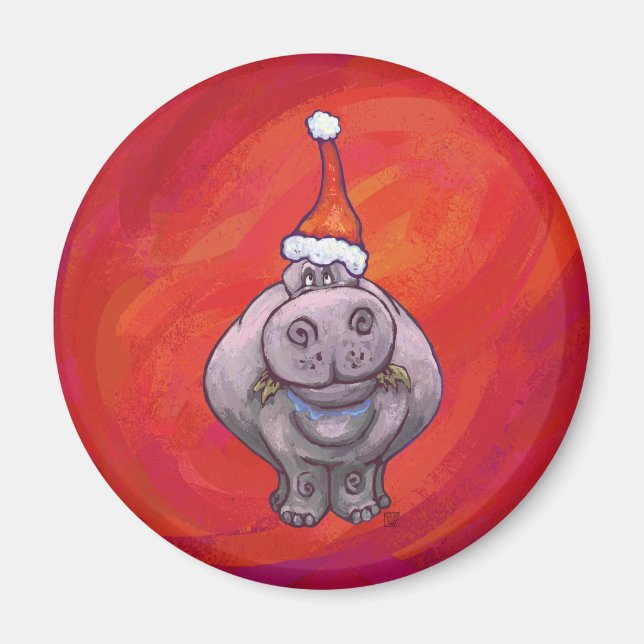 Cute Hippo in Santa Hat on Red Magnet (Front)