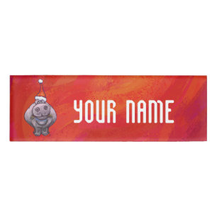 Cute Hippo in Santa Hat on Red Name Tag